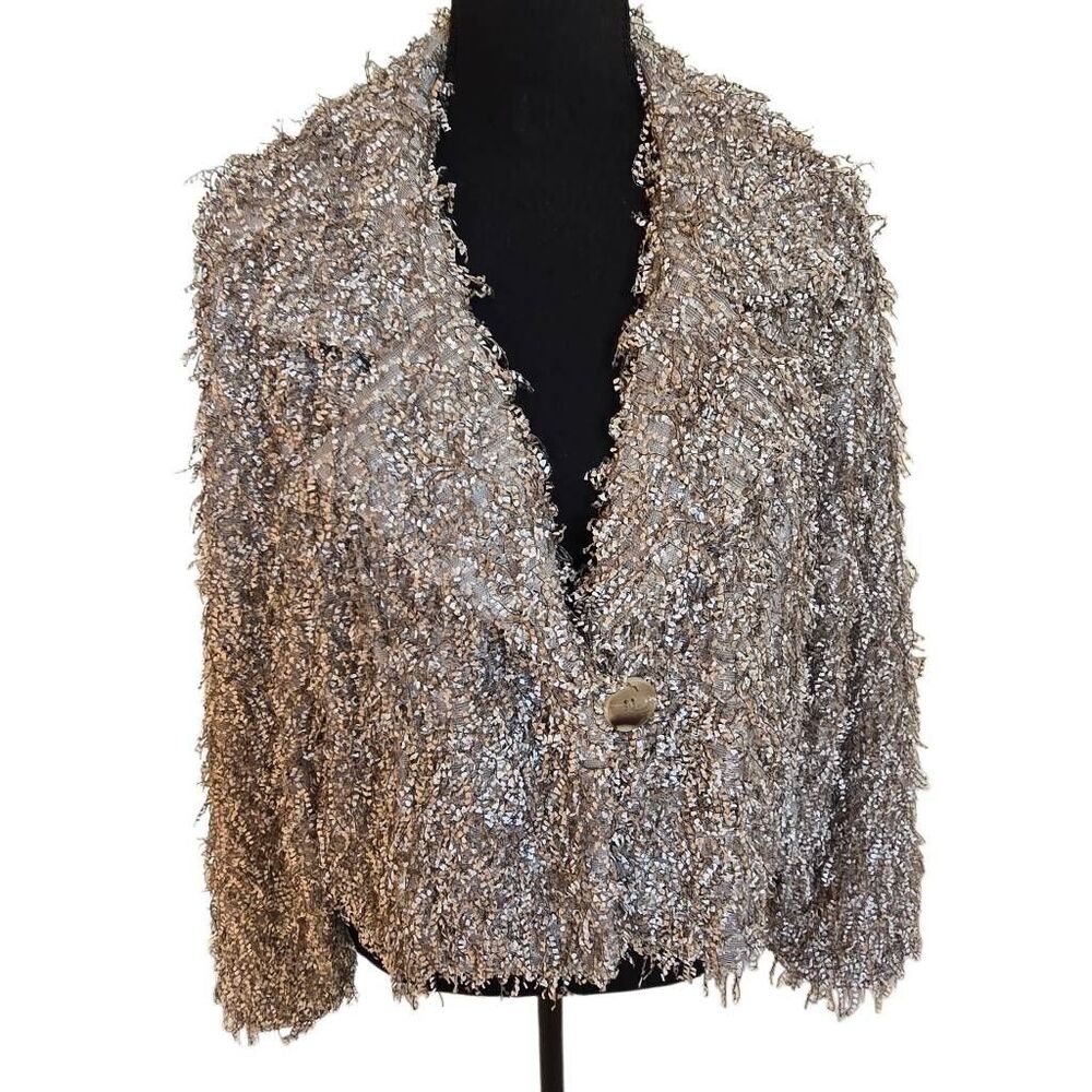 Vintage Picadilly Canada Womens Cropped Fuzzy Fringe Jacket Taupe Size Small